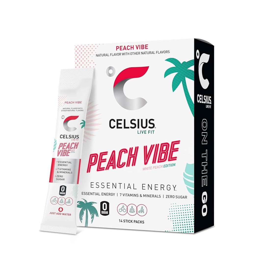 CELSIUS On The Go PEACH VIBE, Sugar Free Energy Drink Mix (14 Sticks per Pack) (0.19 Ounce (Pack of 14)), EXP: 11/2027