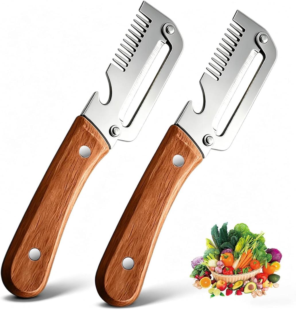 2 Pack Multifunctional Vegetable Peeler with Wooden Handle, 3-In-1 Veggie Peeler with Scallion Shredder and Bottle Opener, Stainless Steel Kitchen Peeler for Fruit Pumpkin Potato Carrot