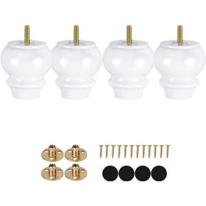 Maricome 3 Inch White Wood Furniture Feet Set of 4 Ottoman Couch Sofa Bun Feet Replacement Furniture Legs Screw in Pre-drilled M8 Bolt