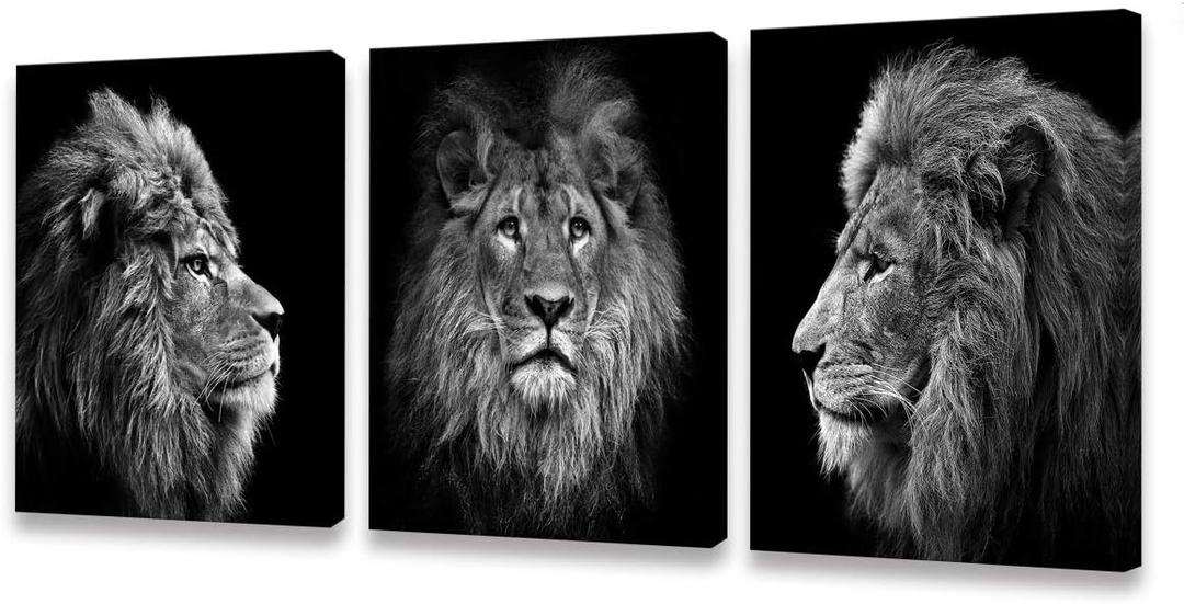 Muolunna Wall Art Black and White Lion Head Portrait Wall Art Painting Pictures Print 3 Pieces Canvas Animal for Bedroom Living Room Office Wall Decor Home Decoration Framed Ready to Hang (16x24inch x3pcs)