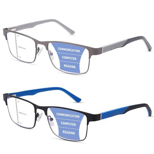 ZERPEET 2 Pack Men's Progressive Multifocal Reading Glasses,Rectangle Metal Frame with Spring Hinge Silicone Temple Blue Light Blocking Lenses Computer Readers Anti Eyestrain,2.25x