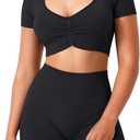 TAYOEA Crop Tops Workout for Women Yoga Short Sleeve Shirts Seamless V-Neck Gym T Shirts with Built in Pads (Black, XS)