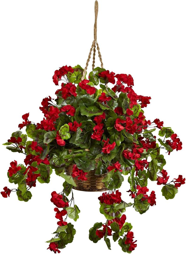 Nearly Natural 6857-RD Geranium Hanging Basket UV Resistant, Red,10.125'' x 29'' x 10.125''