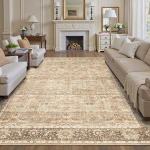 8x10 Washable Area Rug Beige Vintage Rug for Living Room Bedroom Low Pile Soft Non-Slip Boho Rug for Under Table Boho Distressed Retro Carpet for Bedroom Kitchen Office Dining