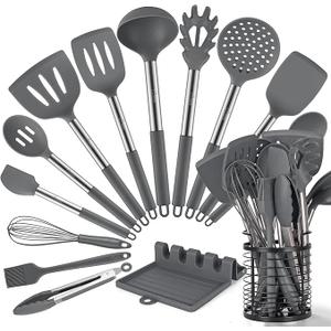 HOTEC 446F Heat Resistant Silicone Kitchen Utensils, BPA Free Cooking Utensil Set, Spatula Set, Kitchen Gadgets, with Stainless Steel Utensils Holder, Dishwasher Safe, 14pcs Classic Blue