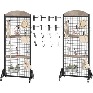 2 Packs Grid Wall Panel 5.7' x 2' FT Grid Display Rack with Wheels, Movable Gridwall Display Stand with 8 S-Shaped Hooks and 8 Garment Hooks, Floorstanding Wire Grid Rack, Greige and Black TCJ17P2BG