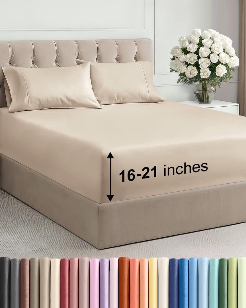 Extra Deep Pocket Queen Size Sheet Set - 4 Piece Breathable & Cooling Bed Sheets - Hotel Luxury Bedding with 16 to 21 inch Extra Deep Pockets - Ultra-Soft, Fade & Wrinkle Resistant - Oeko-Tex - Wheat