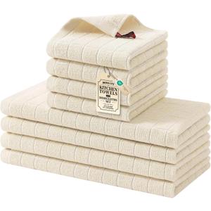Homaxy Kitchen Towels and Dishcloths Set, 12 x 12 and 13 x 28 Inches, Set of 8 Bulk Cotton Terry Kitchen Towels Set, Checkered Designed, Soft and Super Absorbent Dish Cloths, Beige