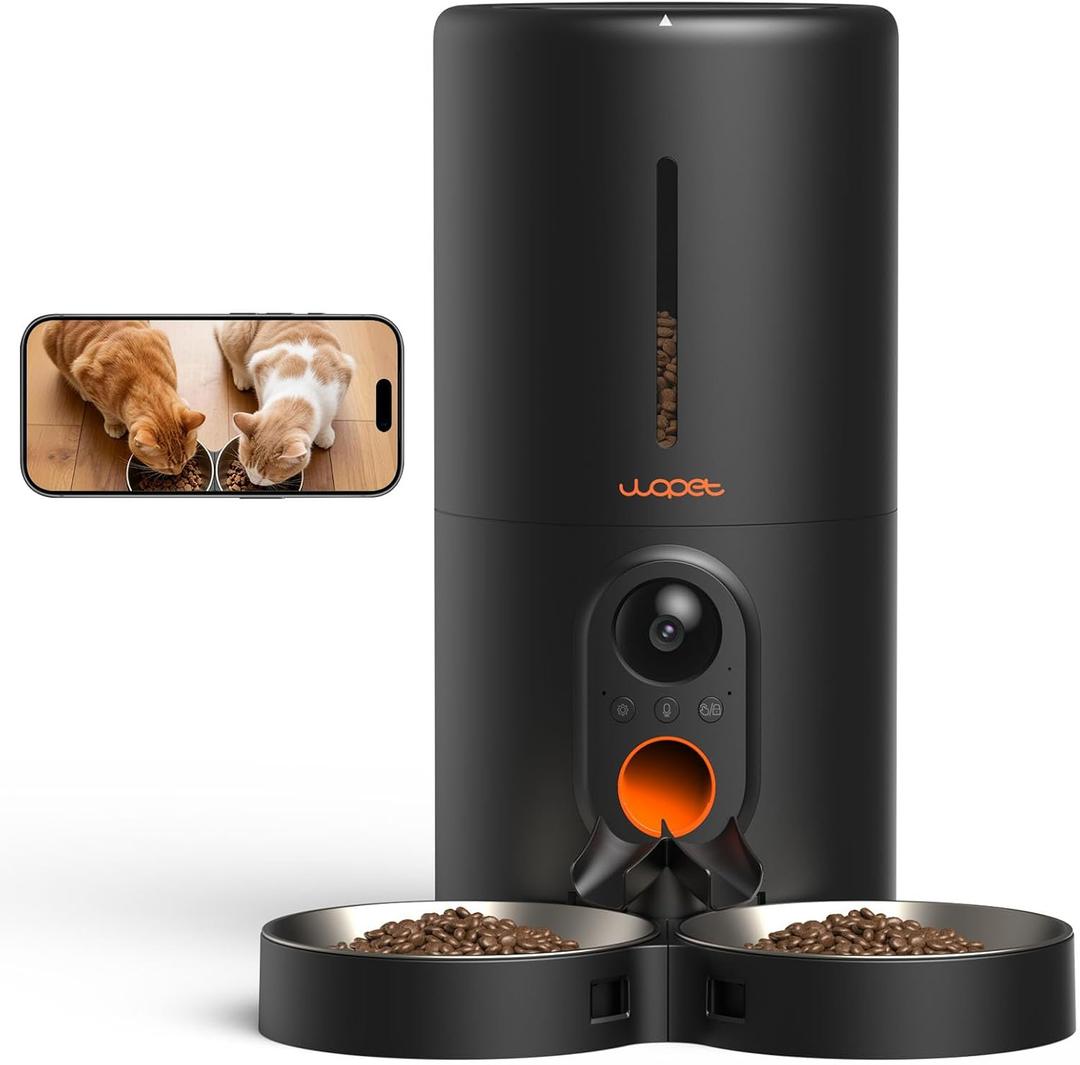 WOPET Automatic Cat Feeder with Camera for Two Cats, 6L Automatic Dog Feeder with HD Video and Night Vision, 5G/2.4G WiFi Pet Feeder for Cats & Dogs, SD Card Storage & 2-Way Audio (Black)