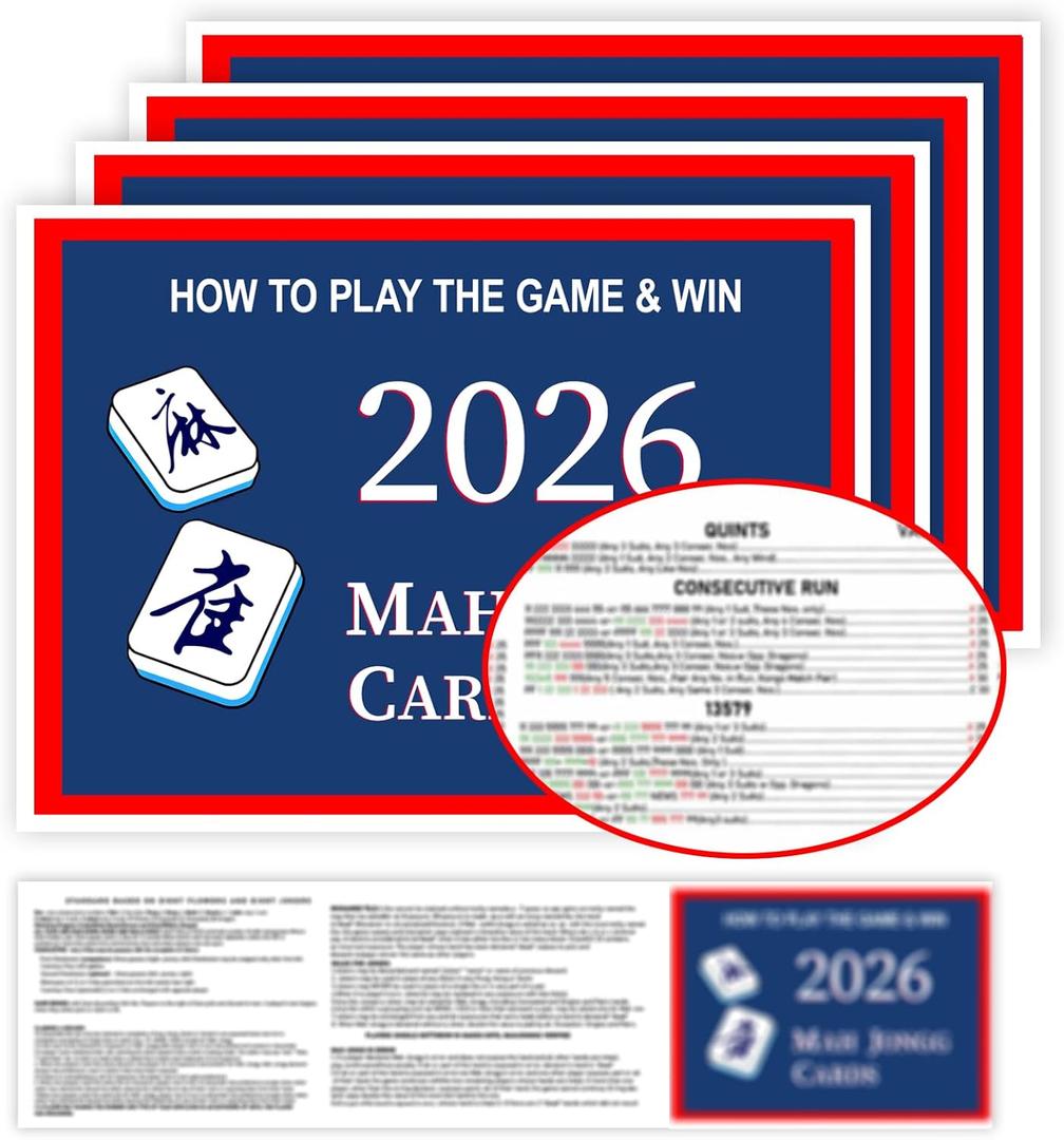 Mahjong Cards 2026, 4 PCS Mah Jongg Cards Large Print, Easy to Read Mah Jong Rule Guide Mahjong Accessories and Gifts for Women Man Mahjong Beginners