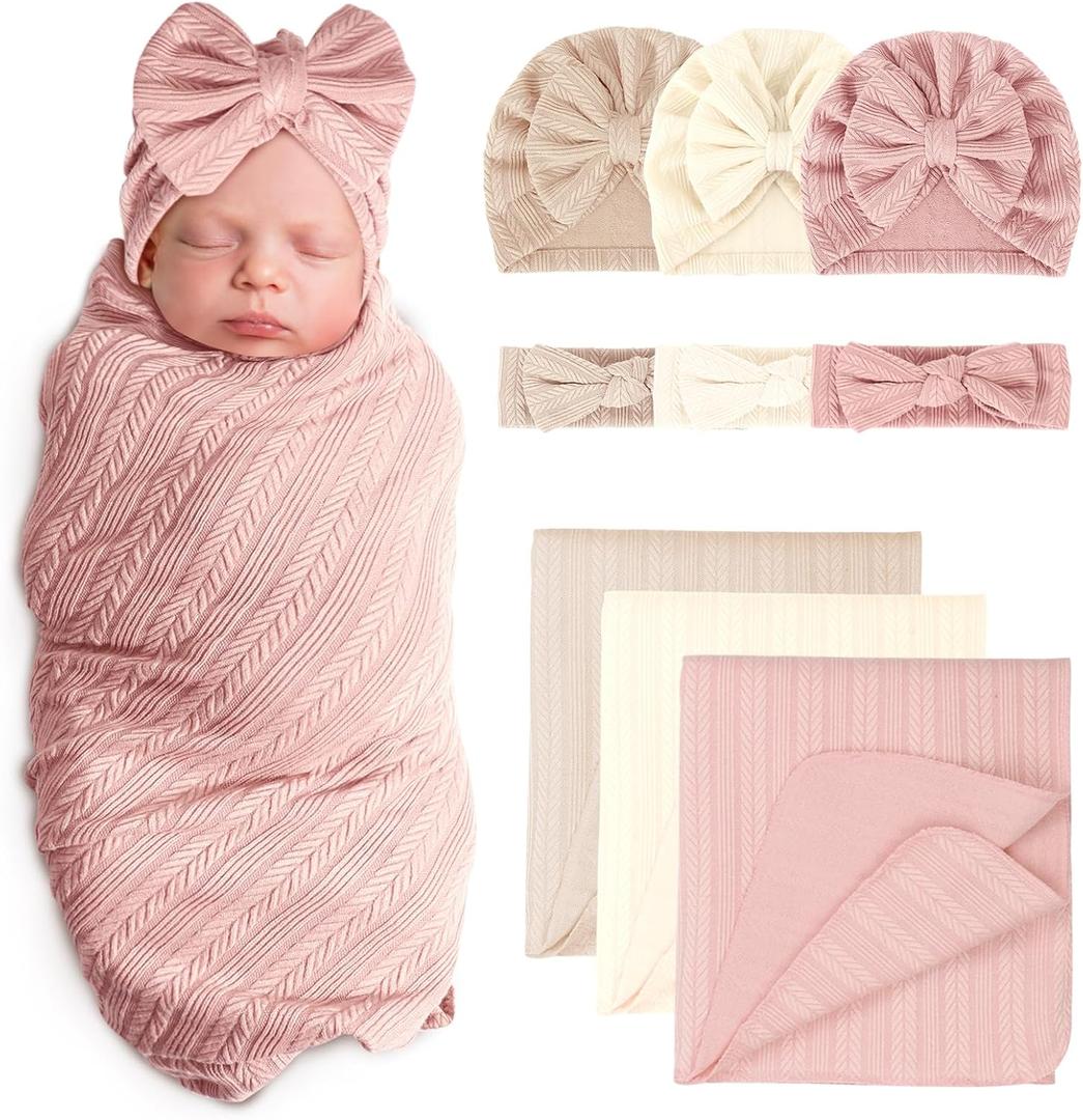 Newborn Receiving Blanket with Bow Hat Headband Set Wheat-Pattern Newborns Toddler Baby Boy Girl Nursery Swaddle Wrap (3 Set: Bean Pink/Light Coffee/Beige)