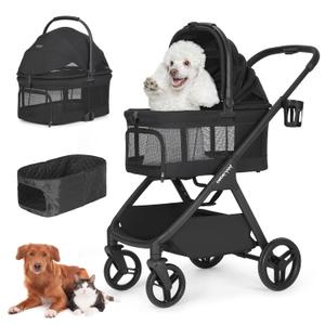 X-5 Luxury Pet Stroller for Medium Dog Up to 55 lbs or 2 Small Dogs Cats, 3-in-1 Detachable Carrier & Car Seat, One-Touch Folding, Adjustable Handle, All-Terrain Wheels, Full View, Black