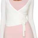 Women Ballet Wrap Top Long Sleeve Self Tie Dance Shirt Pilates Yoga Tops Y2k Workout Active Blouses (US, Alpha, Large, Regular, Regular, White)
