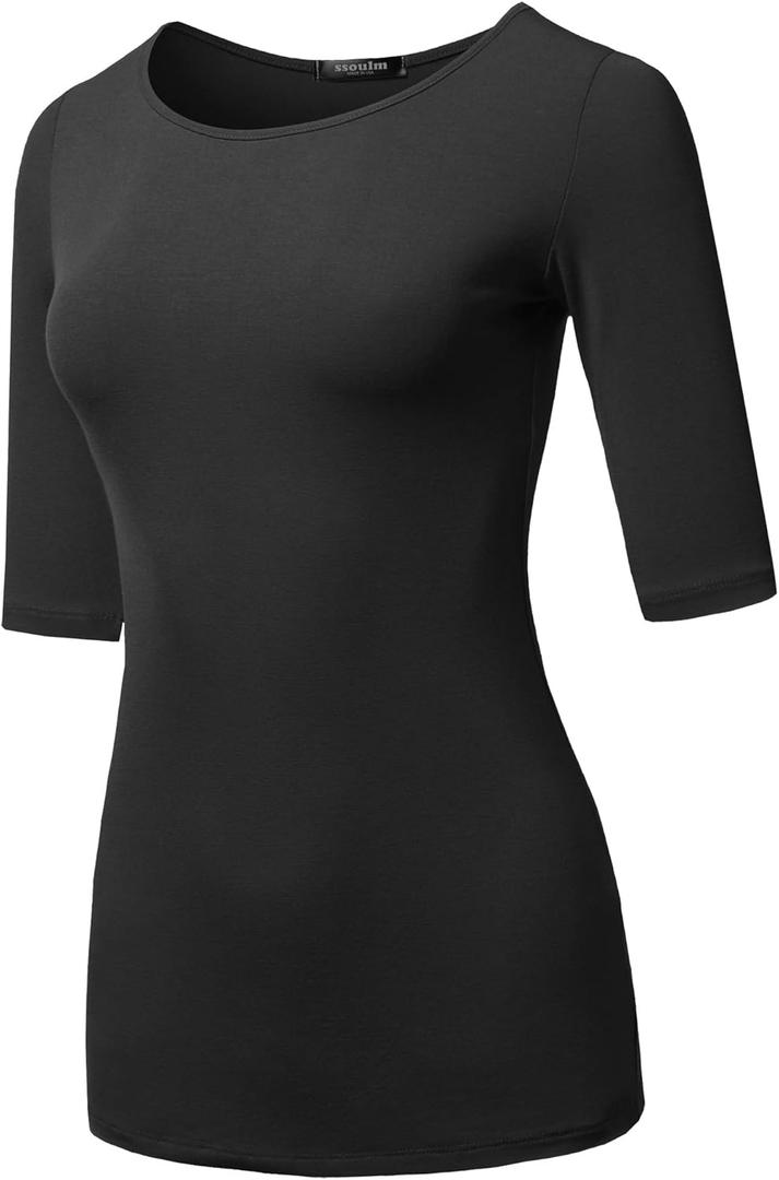 SSOULM Women's 1/2 Sleeve T-Shirt - Slim Fit Stretchy Crewneck Top, Medium 