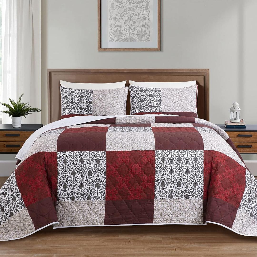 HOMBYS 128x120 Oversized King Bedspread, 3 PCSLightweight & Soft Oversized King Quilt Set, Patchwork Floral Coverlet with Shams for All Seasons, (Red&White&Brown)