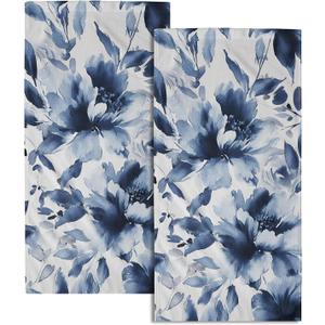 Navy Blue Flower Hand Towels Set of 2, Modern Ink Floral Face Towel 28X14 inch, Watercolor Botanical Floral Kitchen Dish Towels Quick Dry Super Absorbent Soft Washcloths for Bathroom Yoga Workout Gym (one size)