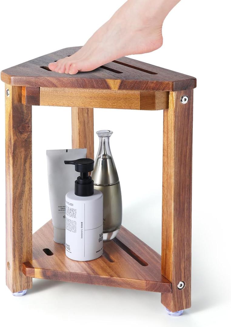 Shower Foot Rest 13.5in, Acacia Wood Shower Stool for Shaving Legs, Small Foot Stool with Storage Shelf, for Inside Small Shower Spaces