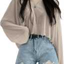 GORGLITTER Women's Mesh Long Sleeve Crop Tops Y2K Drop Shoulder Loose T Shirt Apricot Large