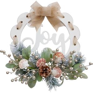 idyllic 16 Inch White Wooden Welcome Wreath for Front Door- Handicraft Frame with Pine Needles Berries Shells Bow Christmas Wreath with Joy Sign Ideal Winter & Spring Decoration for Indoor & Outdoor