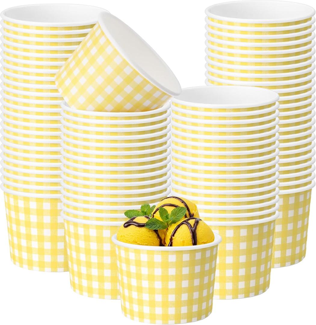 Nuanchu 100 Pack 9 oz Gingham Treat Snack Cups Yellow and White Checkered Disposable Paper Cups for Dessert Ice Cream Bowls for Snacks Soup Hot Cold Food Wedding Birthday Baby Shower Decorations