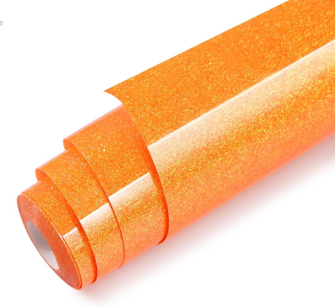 Orange Glitter HTV Heat Transfer Vinyl Rolls - 12" x10ft Glitter Neon Orange Iron On Vinyl for Cricut and Shirts, Easy to Cut & Weed & Transfers for Heat Press Vinyls DIY Fabric Design