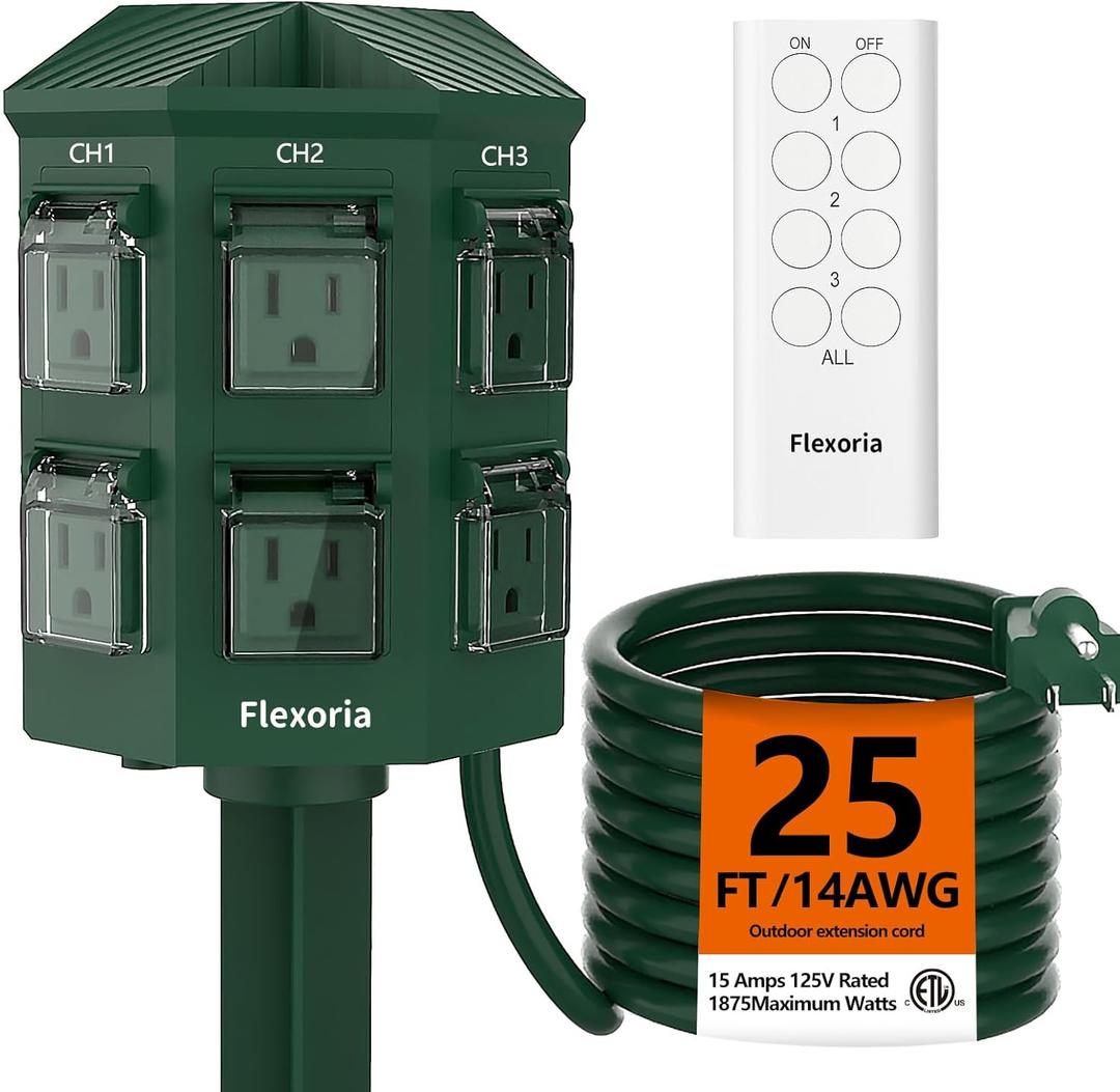 Outdoor Power Stake, 25 Feet Extension Cord Waterproof, Independently Remote Control 3 Sets of Outlets, 6 Grounded Outlets for Garden, Patio, Outdoor Decor, ETL Listed