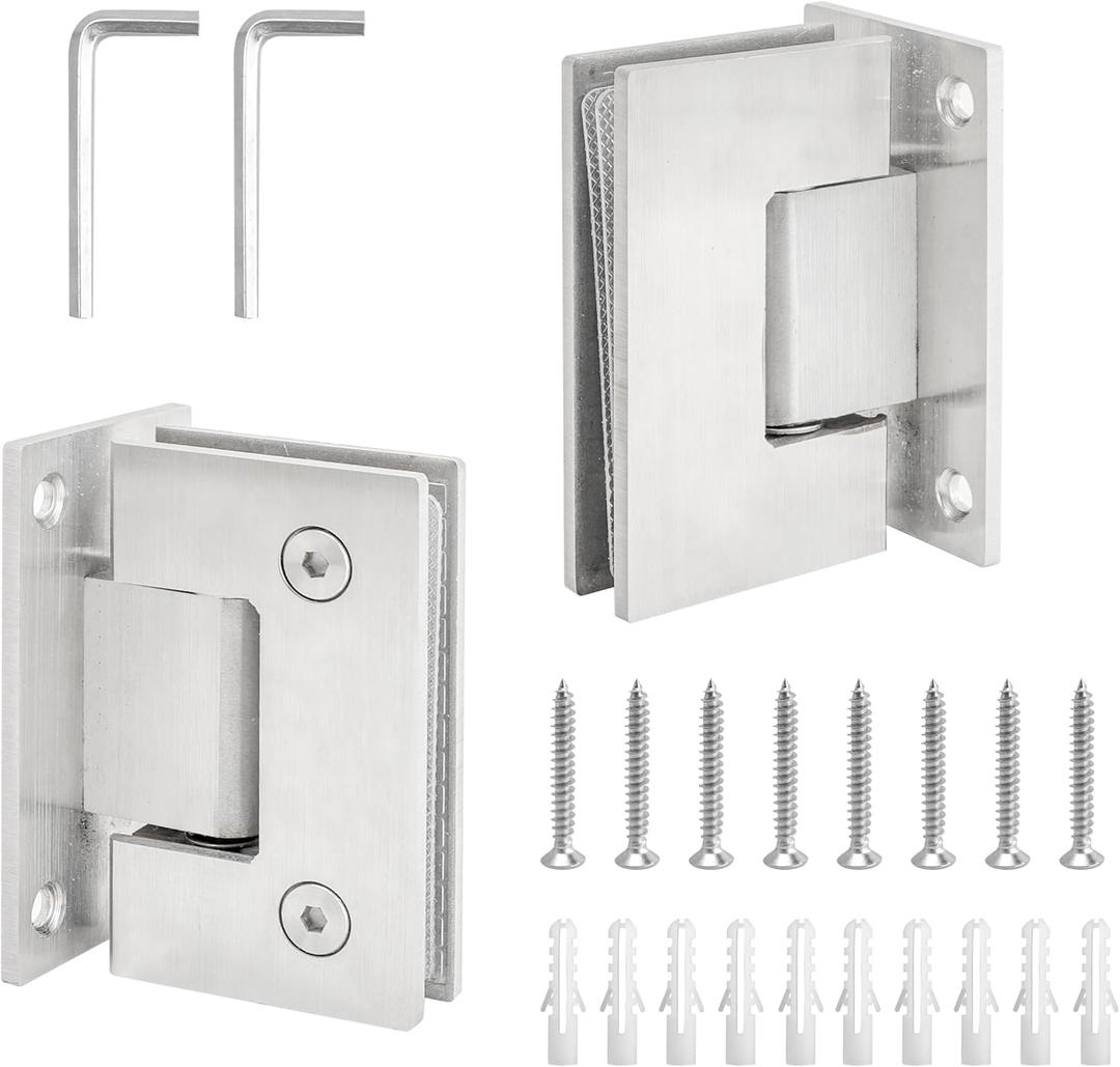 2 Pack 90 Degree Glass Shower Door Hinges Brushed Nickel, 304 Stainless Steel Shower Door Hinges, Wall to Glass Frameless Shower Doors Heavy Duty Hardware Replacement