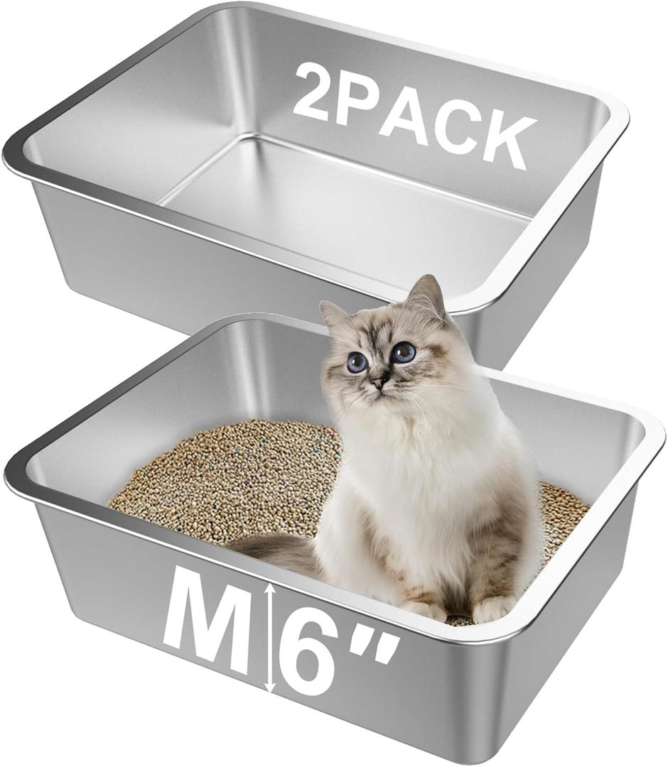 Lawei 2PCS Stainless Steel Cat Litter Box, Medium Metal Litter Pan for Kitty/Kitten/Cat/Rabbits, Non Stick Litter Boxes, Rust Proof Indoor Litter Tray, 17.5 x 13.5 x 6 Inch, Easy to Clean, Non Smell