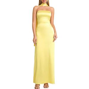 EYNMIN Women's Tube Maxi Dress with Scarf Satin Strapless Elegant Long Formal Wedding Guest Dresses (Yellow, M)