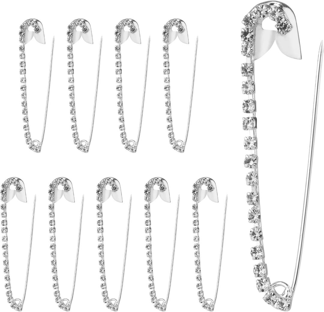 10pcs Rhinestone Safety Pins, Silver Brooch Pins for Women Fashionable Sewing Safety Pins Practical Quilting Basting Pins Women's Accessories for Sweater Scarf Skirts
