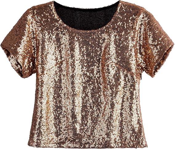 Women's Glitter Glam Sequin Top Loose Sleeves Sparkly Shimmer Party Bridesmaid Sequined Tunic Top M Rose Gold
