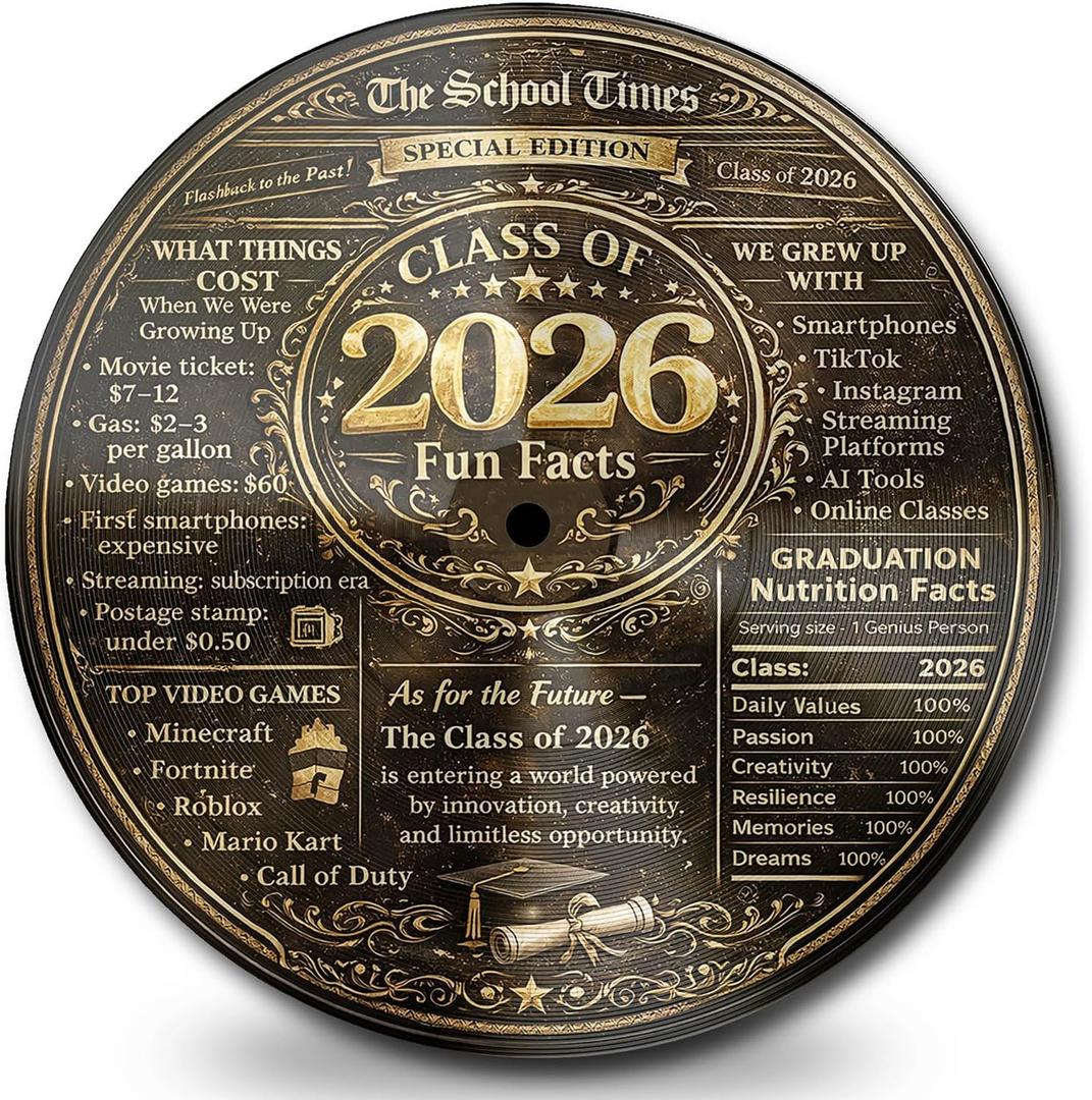5 x 2026 Graduation Decorations, 11.6 Inch Vinyl Black Gold Keepsake Sign for Dorm Room, Class of 2026 Fun Facts Graduation Centerpieces for Tables Sign Decor, Grad Photo Props, Graduation Gifts