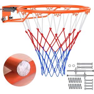 Basketball Rim, 18" Replacement Wall Mounted Outdoor Basketball Hoop, Heavy Duty Solid Steel, Double Spring Basketball Hoop Rim with All Weather Net for Indoor and Outdoor Hanging