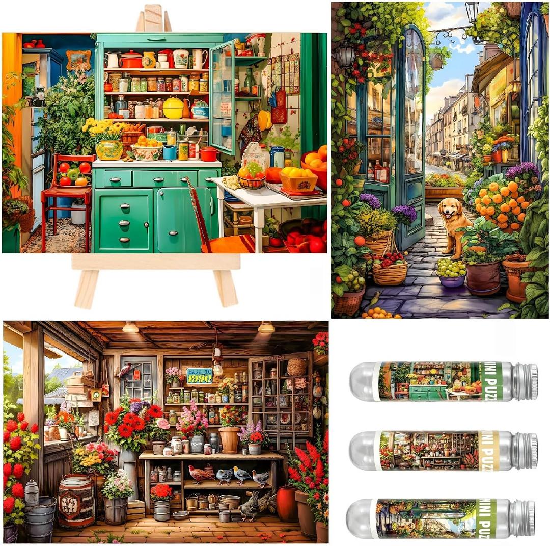 Small Jigsaw Puzzles for Adults 150 Pieces Vintage Oil Painting Kitchen Mini Jigsaw Puzzles Oil Painting Challenging 6 x 4 Inches, 3 Pcs,Mini Easel Included