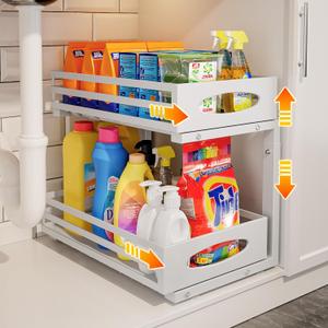Under Sink Organizer, 2 Tier Under Sink Organizers and Storage, Adjustable Height, Slide out Metal Cabinet Organizers, Pull out Cabinet Storage Drawer Shelf for Kitchen Bathroom (White, 1 Pack)