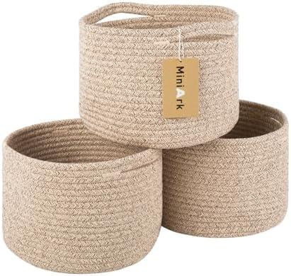 MiniArk Small Basket for Organizing | Cube Shelf Closet Storage Baskets | 9.7×9.7×7.1” | Woven Rope Gift Basket | Nursery | Round 3 Packs Mixed Brown