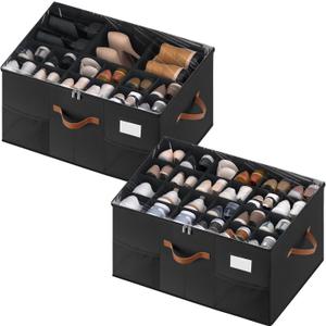 Shoe Organizer for Closet, 2 Pack Shoe Storage Containers with Adjustable Dividers, Space Saving Shoe Box Storage Organizers Bins with Clear Lid & 4 Handles, Fits 24-48 Pairs, Black
