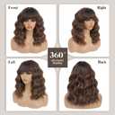 Short Wavy Bob Wig with Bangs for Women, Shoulder Length Synthetic Wig, Brown with Caramel Highlights, Heat Resistant Fiber, Glueless Natural Looking Wig for Daily Wear