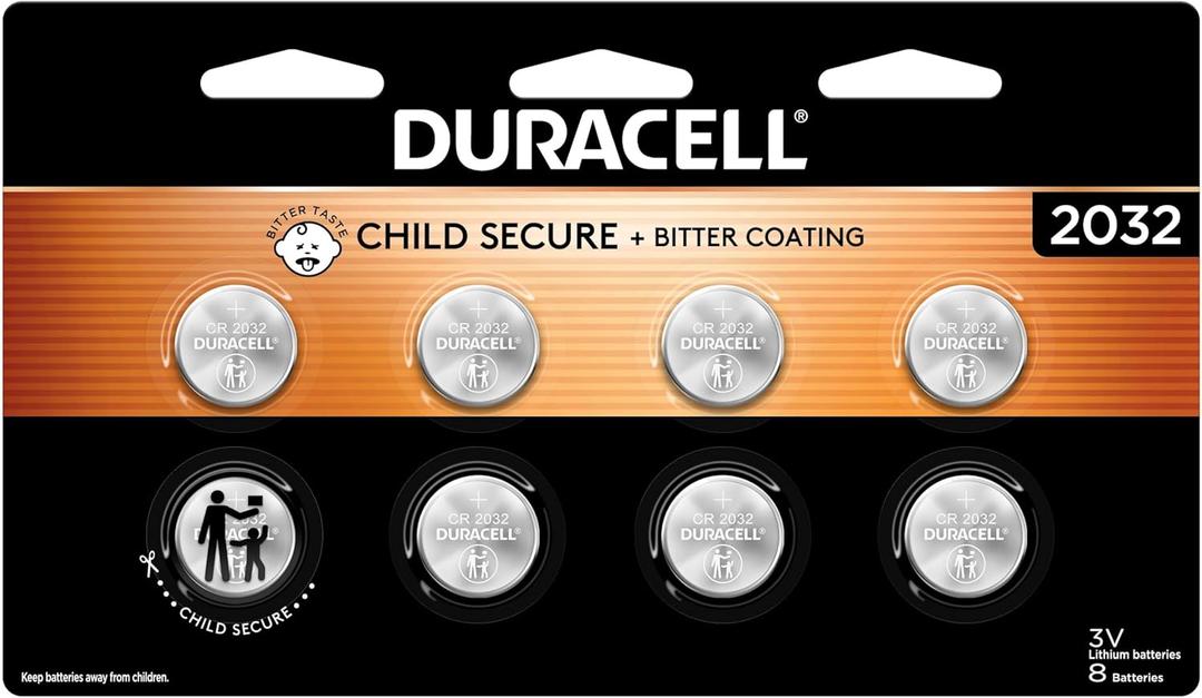 Duracell 2032 Lithium Battery, 8 Count (Pack of 1), Compatible with AirTag, Child Safety Features, Key Fob, CR2032 3V Cell