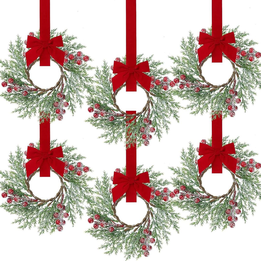 Sggvecsy 6 Pcs Christmas Mini Cabinet Wreaths Norfolk Pine Wreath with Ribbon Bows Red Berry Artificial Small Kitchen Wreath for Window Front Door Farmhouse Wall Pillars Xmas Decorations