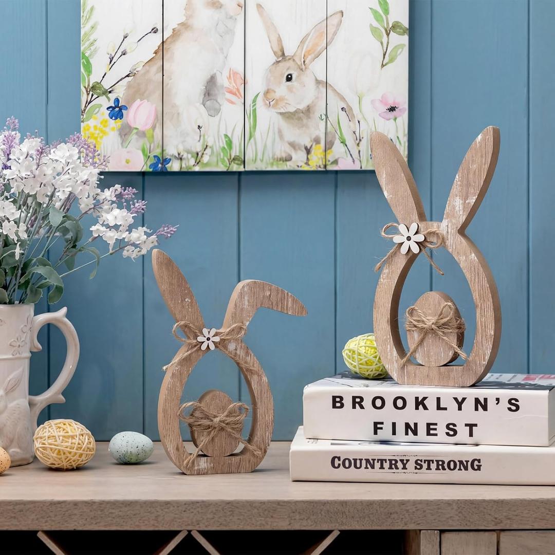 RattanView 2 Pcs Easter Wood Bunny Decorations 5.91 Inch Rustic Retro Wooden Standing Decor with Egg Hollow Tabletop Figurine for Spring Gifts Home Tiered Tray Farmhouse Party Fireplace Shelf