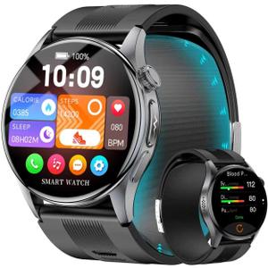 Blood Pressure Smart Watch with Air Pump and Air Cuff, 1.56'' AMOLED Bluetooth Call Fitness Tracker, 24/7 Heart Rate Monitor Blood Oxygen Temperature Sleep Tracker for Android/iOS