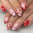 Valentines Press on Nails Short Almond MABKJLF French Tip Fake Nails Pink & Red False Nails with Designs Heart Strawberry Glossy Glue on Nails Sweet Acrylic Nails for Women Girls 24 Pcs