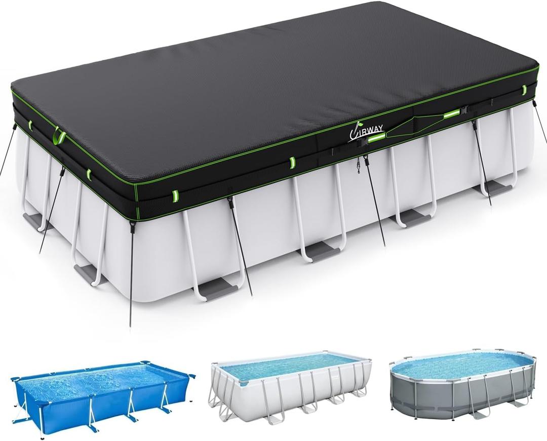 UIRWAY 9x18 FT Rectangular Pool Cover with Reflective Strips, Swimming Pool Cover for Above Ground Pool, Solar Cover Including Rope Tie and Luminous Ground Nails for Rectangular or Oval Pools