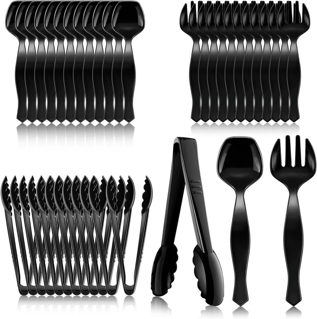 Mwellewm 36Pcs Plastic Serving Utensils Set Large Disposable Serving Spoons Forks Tongs for Serving Food 8.5'' Heavy Duty Black Large Party Utensils Supplies for Buffet Restaurant Dinner Salad Soup