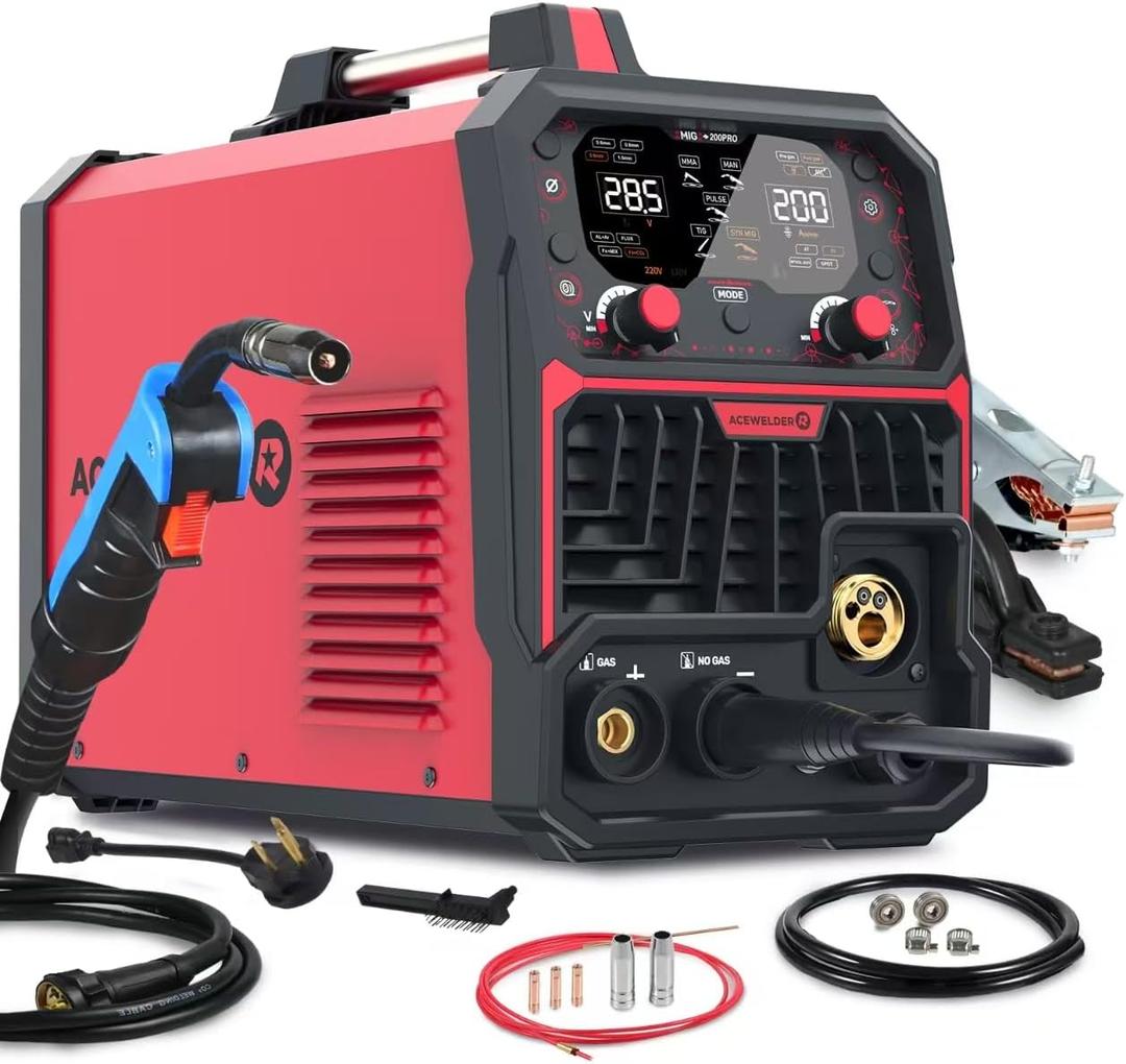 Aluminum MIG Welder with Pulse 200A 7 in 1 Gas MIG/Pulse MIG/Gasless Flux Core/Stick/Lift TIG/Spot Weld/Spool Gun Compatible 110V/220V Multiprocess Welding Machine