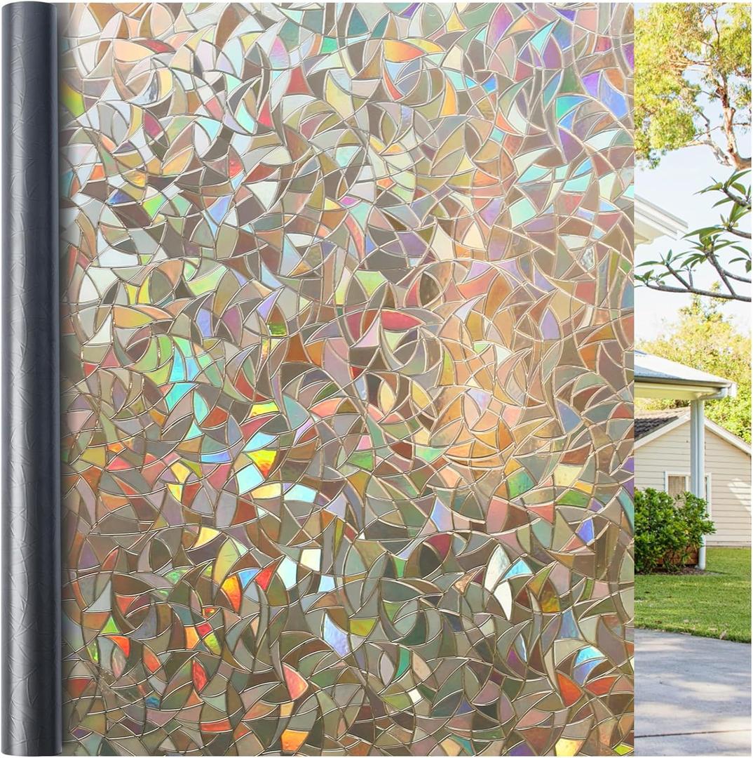 Haton Window Privacy Film, Stained Glass Rainbow Film Decorative Window Clings, Static Cling Sun Blocking Sticker Decal Covering Tint for Home Heat Control, Non-Adhesive, Brown 17.5" x 78.7"