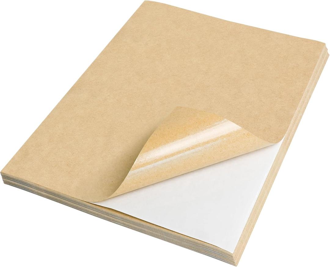 NATURALABEL 100 Sheets Printable Kraft Sticker Paper for Laser & Inkjet Printers - Full Sheet Self-Adhesive Craft Labels, Matte, Letter Size (8.5" x 11")