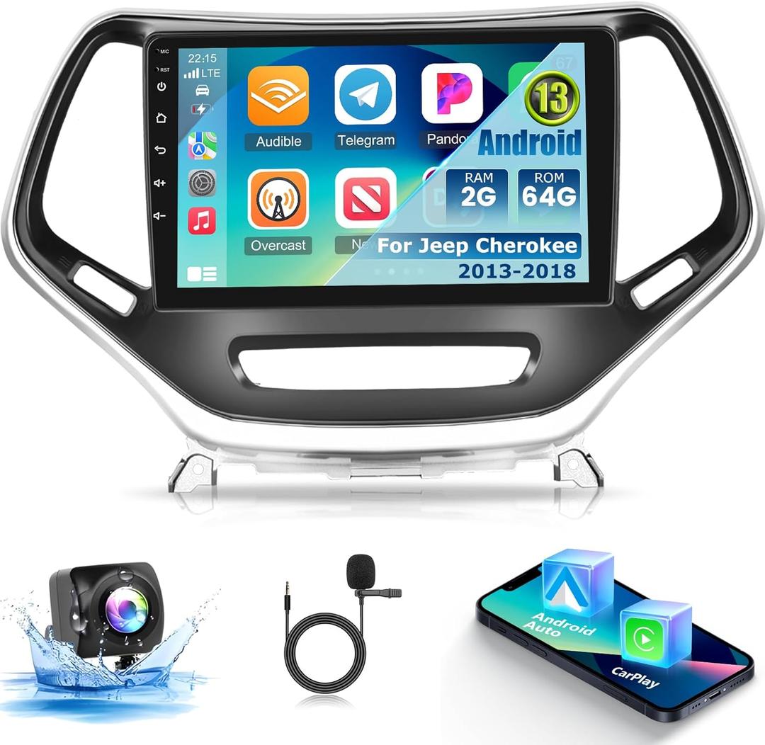 [2+64G] Car Radio for Jeep Cherokee 2013-2018 - Wireless Carplay and Android Auto - 10.1 Inch Touchscreen Android 13 Car Stereo - DSP/WiFi/GPS Navigation/SWC + AHD Backup Camera