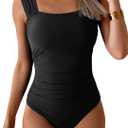 B2prity Womens One Piece Swimsuit Retro Square Neck Tummy Control Bathing Suits Ruched Modest Full Coverage Swimwear (Medium, Black)